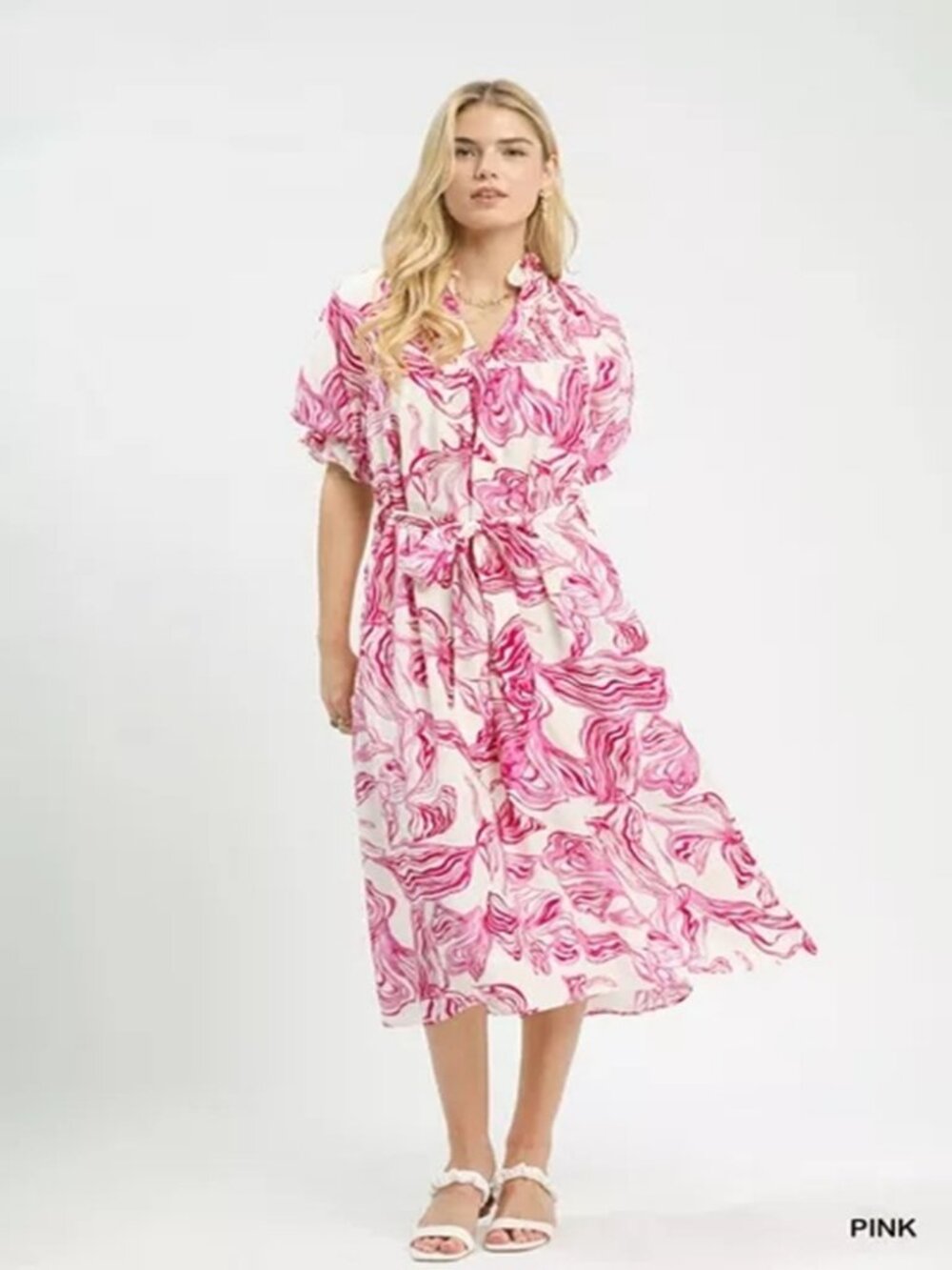 Abstract Print Smocked Midi Dress Women Elegant Casual Outfit - Picture 4 of 5